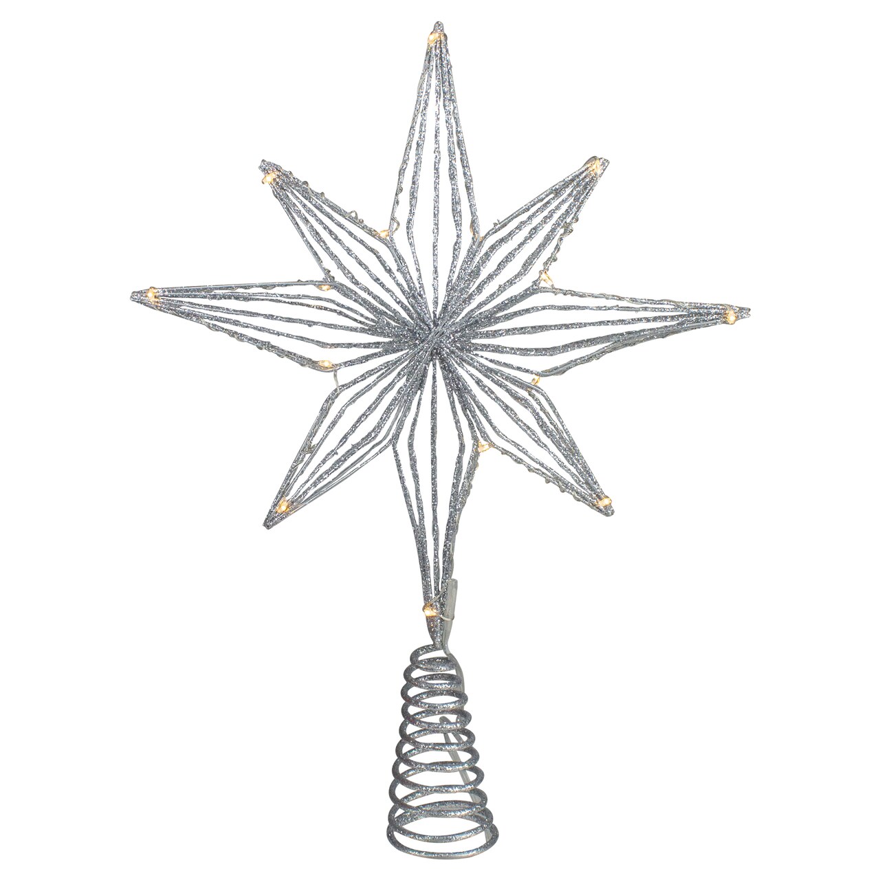 Northlight 13.75" LED Lighted B/O Silver Glittered Geometric Star Christmas Tree Topper - Warm White Lights